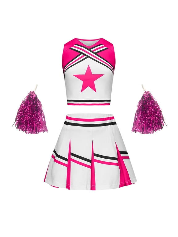 Girls Cheerleading Outfits Cheerleading Sports Tank Top Skirt Pom-Pom for Kids, Sizes 3-4