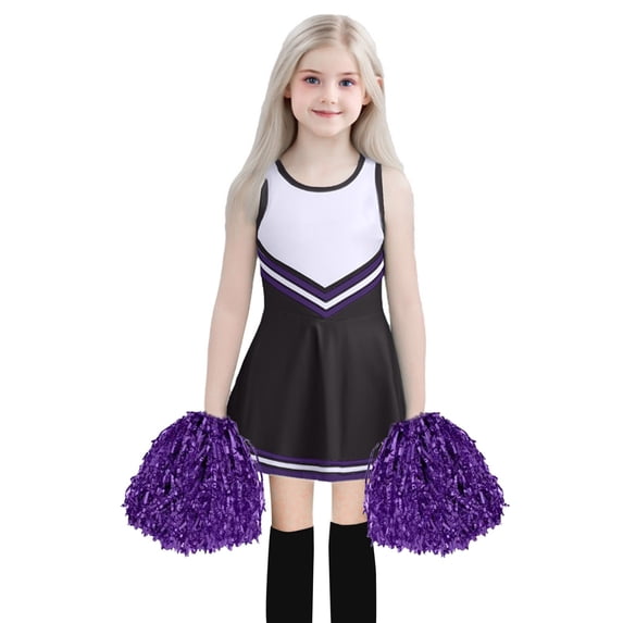 WOYY Girls Cheerleading Outfits Stage Performance Bodysuit Dress Stockings Pom-Pom 3Pcs Set, Sizes 11-12