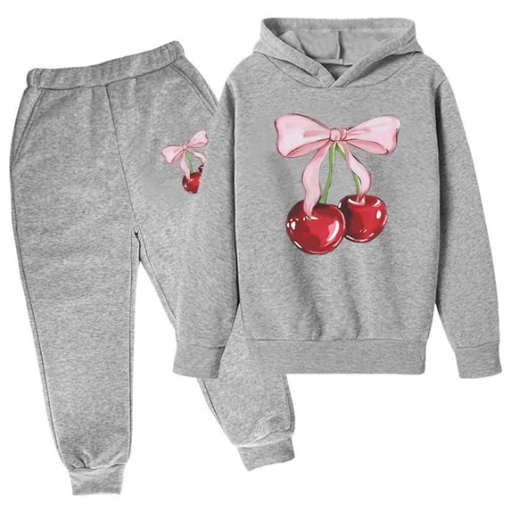 WOYY Girls Cherry Bow Graphic Hoodie Sweatpants Outfits Casual Tracksuit Kids Clothing Sets, Sizes 3-14