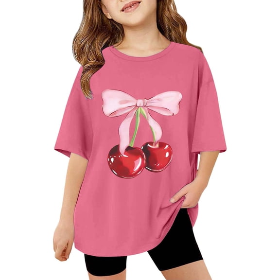 WOYY Girls Cherry Print Short Sleeve T Shirt Lightweight Summer Casual T-Shirt, Sizes 7-8