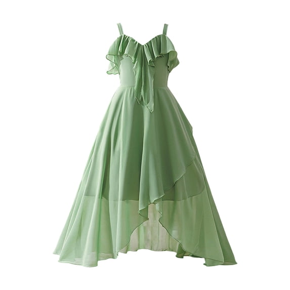 WOYY Girls Chiffon Ruffle Sleeveless Dress Formal Lightweight Long Party Dress, Green