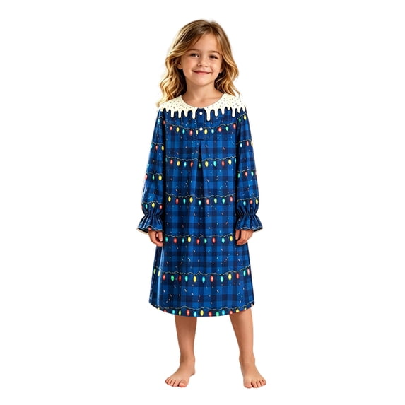 WOYY Girls Christmas Nightgown Long Sleeve Plaid Holiday Sleep Dress for Kids, Sizes 3-14