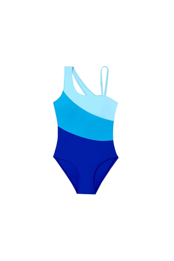 Girls Color Block One-Piece Swimsuit One Shoulder Quick Dry Bathing Suit, Sizes 7-18