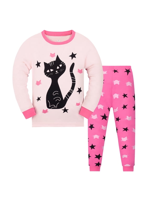 Girls Cotton Pajamas Cute Cat Long Sleeve Top Pants Sleepwear Nightwear, Sizes 1-9