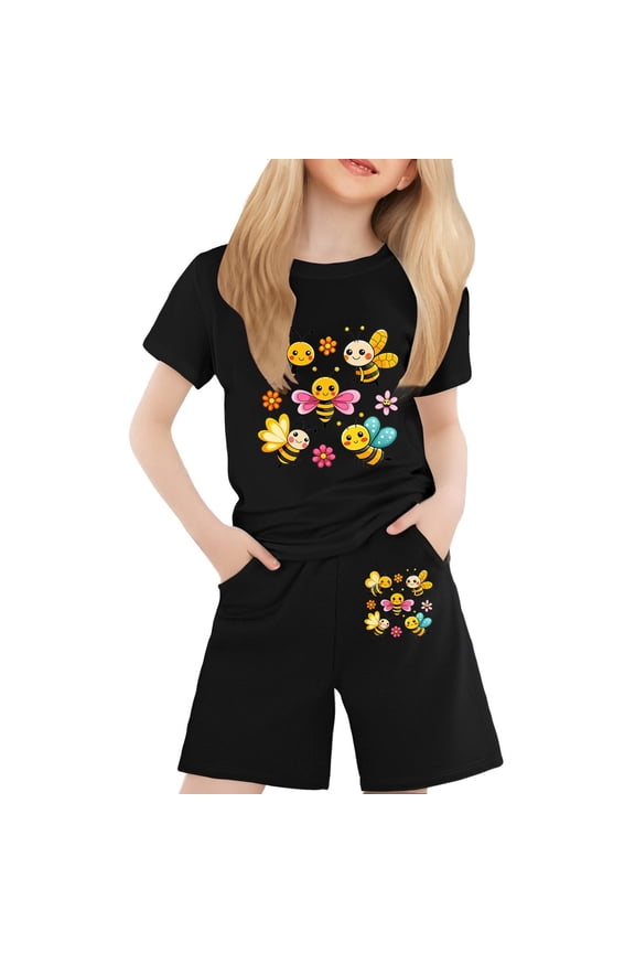 Girls Cute Bee Print Short Sleeve T Shirt Shorts Outfits Summer Clothes Set, Sizes 2-13
