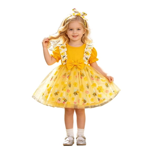 WOYY Girls Cute Bee Print Tutu Dress Puff Sleeve Ruffle Mesh Princess Dress, Yellow, Sizes 6M-3T