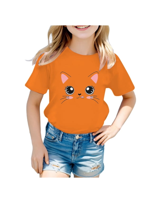Girls Cute Cartoon Cat Graphic Tee Cotton Short Sleeve T Shirt, Orange, Sizes 3-12