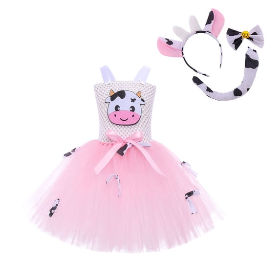 WOYY Girls Cute Cow Party Stage Tulle Tutu Dress Headband Tail 3Pcs Set, Pink, Sizes 3-12