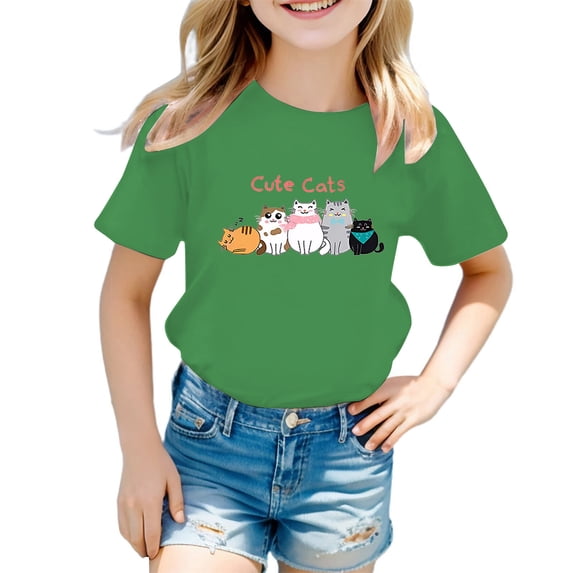 WOYY Girls Cute Graphic Cat T-Shirt Short Sleeve Crew Neck T Shirt, Green, Sizes 3-12