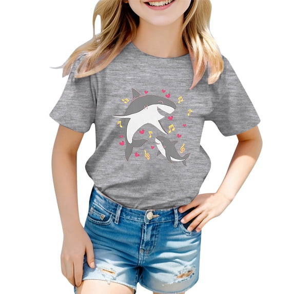 WOYY Girls Cute Graphic Tee Casual Shark Print Short Sleeve Crew Neck T Shirt, Grey, Sizes 1-13