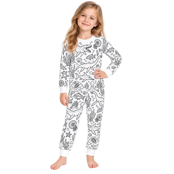 WOYY Girls DIY Colorable Pajamas Ocean Graphic Long Sleeve Top Pants Sleep Set, Sizes 2-10