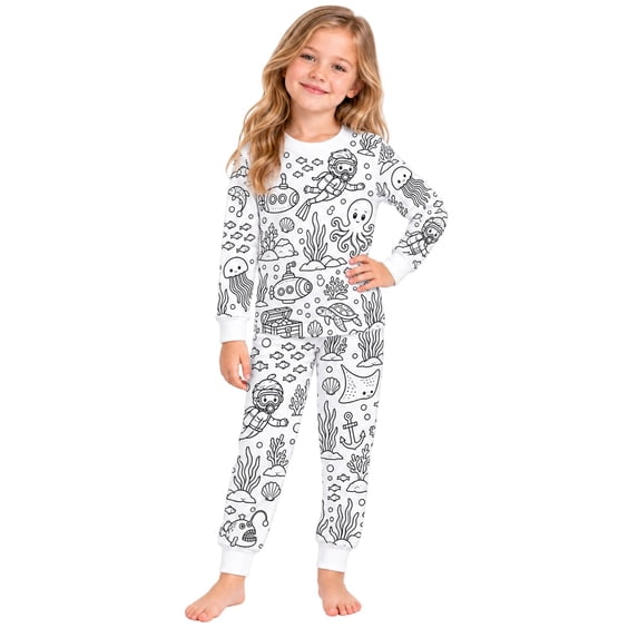 WOYY Girls DIY Hand Drawn Pajamas Ocean Graphic Long Sleeve Sleepwear Set PJs, Sizes 2-9