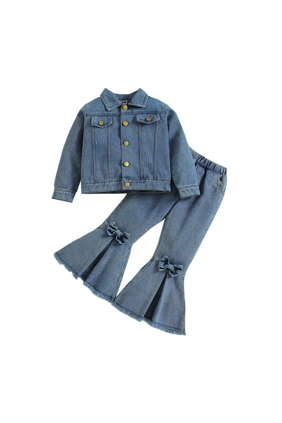 Girls Denim Outfits Long Sleeve Button Down Jacket Flared Jeans Set Kids 2Pcs Set, Sizes 3-4