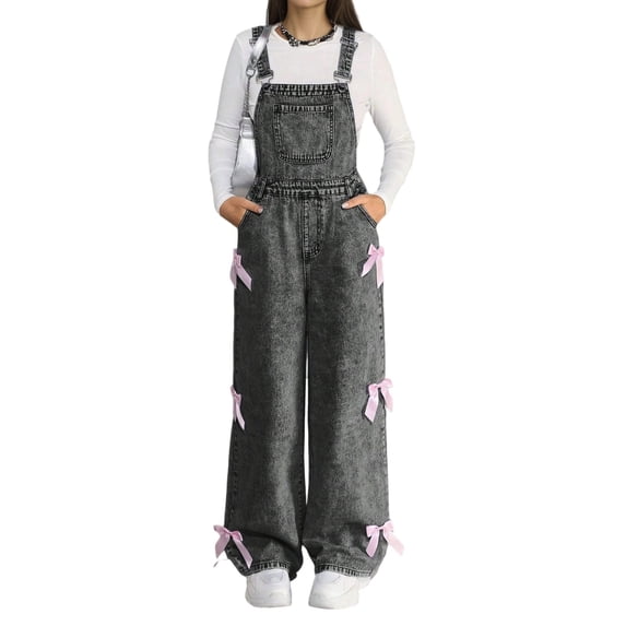 WOYY Girls Denim Overalls Bow Cute Wide Leg Dungarees Strap Jumpsuit, Sizes 10-11