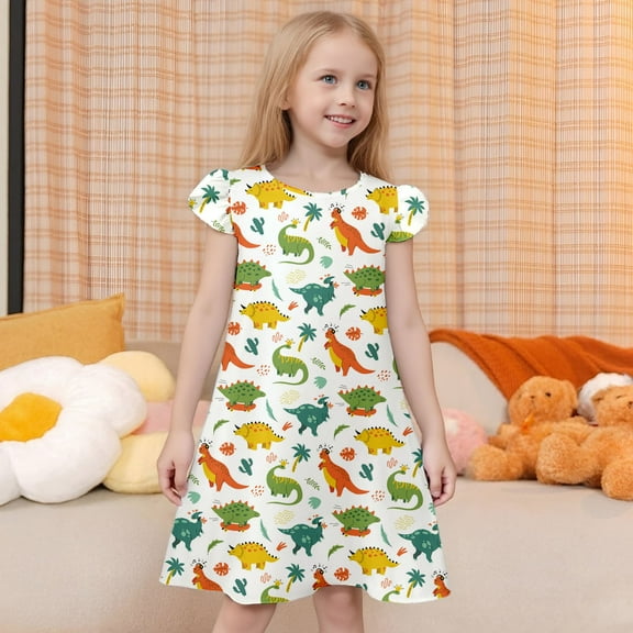 WOYY Girls Dinosaur Print Nightdress Ruffle Sleeveless Nightgown Loungewear, Sizes 3-10