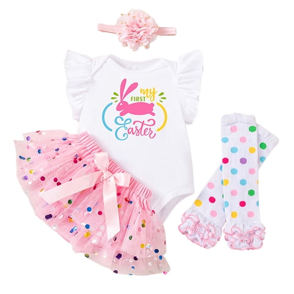 WOYY Girls Easter Cute Outfits Flutter Sleeve Romper Skirt Headband Socks 4Pcs Set, Sizes 0-3 Months