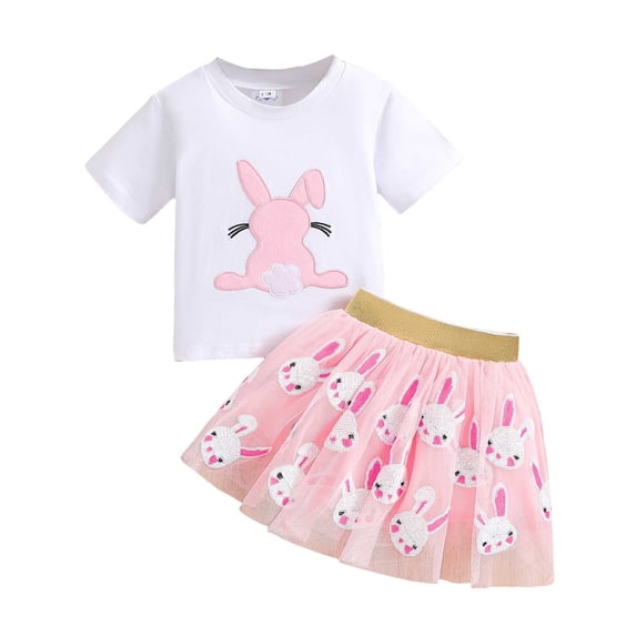 WOYY Girls Easter Outfits Cute Rabbit Print Short Sleeve T Shirt Tutu Skirt Set, Sizes 6M-4T