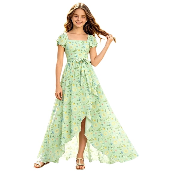 WOYY Girls Elegant Square Neck Floral Dress Party Ruffle Swing Maxi Dresses, Green, Sizes 5-14