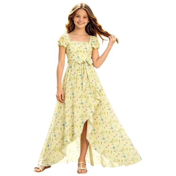 WOYY Girls Elegant Square Neck Floral Dress Party Ruffle Swing Maxi Dresses, Yellow, Sizes 5-14