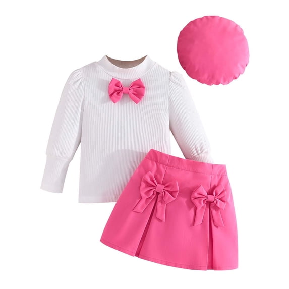 WOYY Girls Fashion Outfits Ribbed Bow Long Sleeve Top Skirt Hat 3Pcs Set, Sizes 2-8