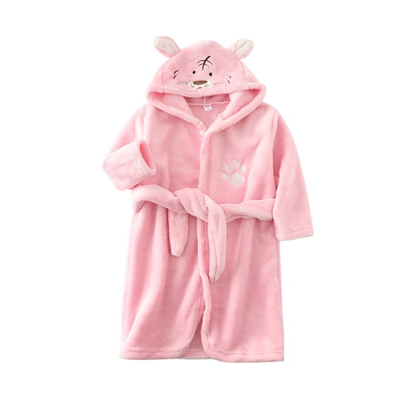 WOYY Girls Flannel Hooded Bathrobe Kids Cute Tiger Long Sleeve Sleepwear Robe, Sizes 1-8