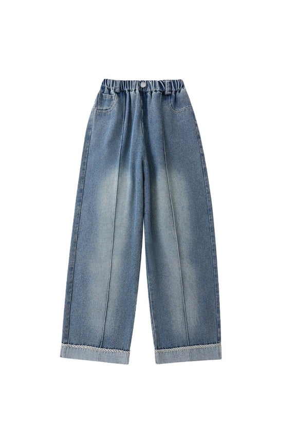 Girls Flat Front Jeans Pull On Loose Straight Leg Denim Pants, Sizes 9-10