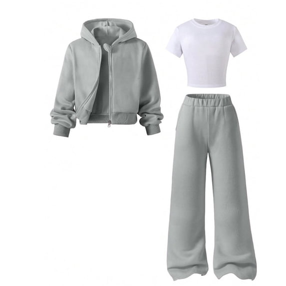 WOYY Girls Fleece Hooded Jacket Pants Tee Sweatpants 3 Piece Outfits Casual Athletic Tracksuit, Sizes 7-12