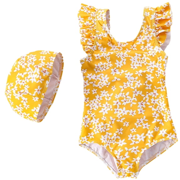 WOYY Girls Floral Ruffle One-Piece Swimsuit with Swimming Cap Bathing Suit, Sizes 2-3