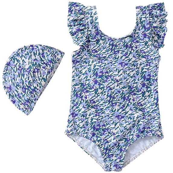 WOYY Girls Floral Ruffle One-Piece Swimsuit with Swimming Cap Bathing Suit, Sizes 4-5