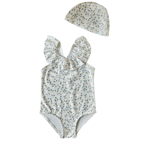 WOYY Girls Floral Ruffle One-Piece Swimsuit with Swimming Cap UPF 50+ Bathing Suit, Sizes 2-3