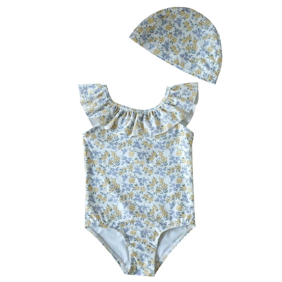 WOYY Girls Floral Ruffle One-Piece Swimsuit with Swimming Cap UPF 50+ Bathing Suit, Sizes 3-4