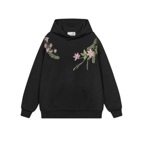 WOYY Girls Flower Embroidery Hoodie Long Sleeve Pullover Hooded Sweatshirt, Black, Sizes 1-14