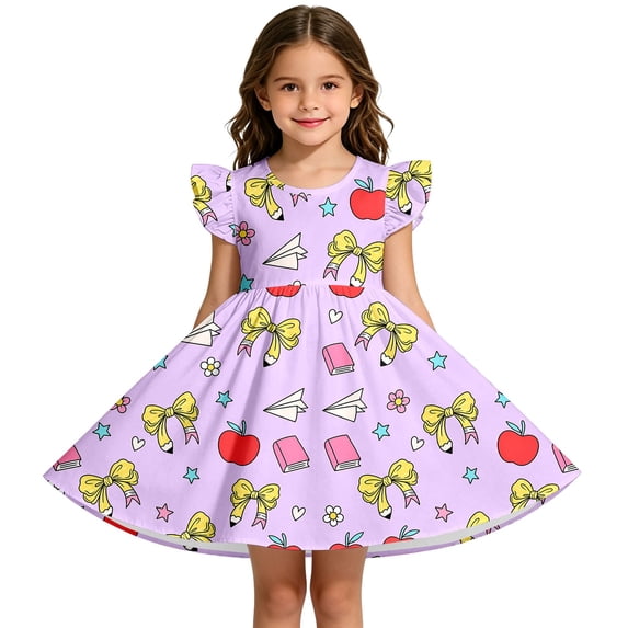 WOYY Girls Flutter Sleeves Cute Dress Cartoon Graphic Print School Dresses, Sizes 1-12