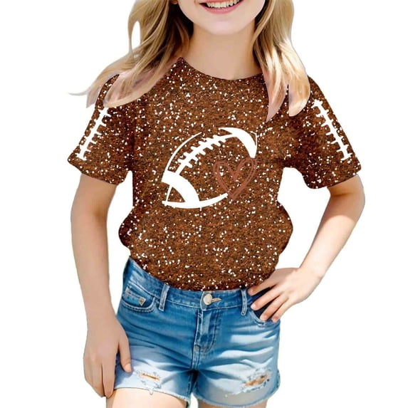 WOYY Girls Glitter Football Graphic T-Shirt Fashion Active Short Sleeve Tshirt, Brown, Sizes 3-13