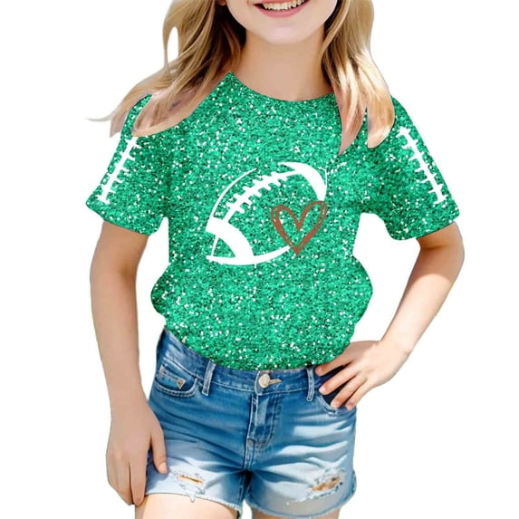 WOYY Girls Glitter Football Graphic T-Shirt Fashion Active Short Sleeve Tshirt, Green, Sizes 3-13