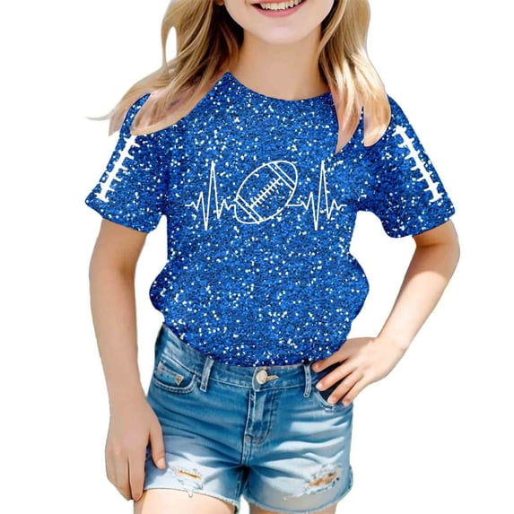 WOYY Girls Glitter Football Print T-Shirt Kids Short Sleeve Crew Neck T Shirt, Blue, Sizes 3-13
