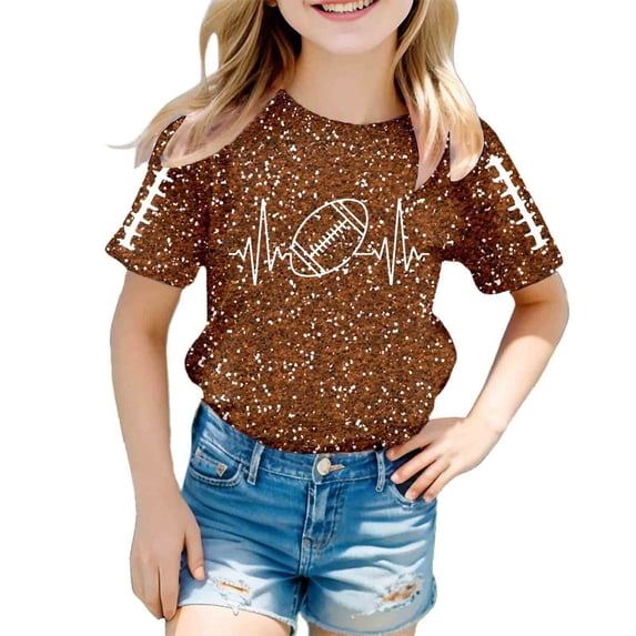 WOYY Girls Glitter Football Print T-Shirt Kids Short Sleeve Crew Neck T Shirt, Brown, Sizes 3-13