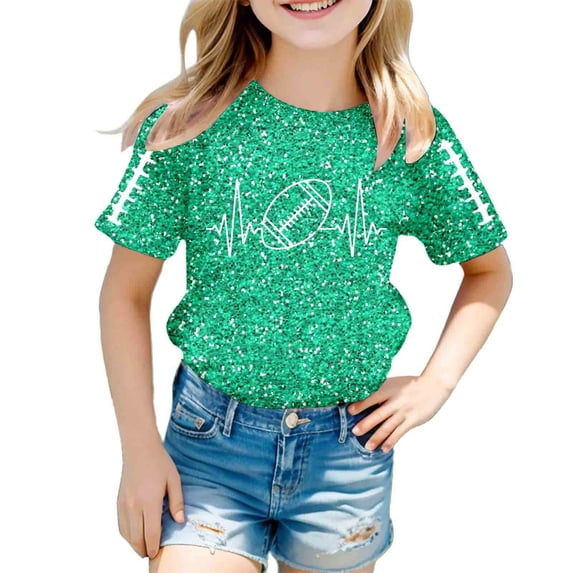 WOYY Girls Glitter Football Print T-Shirt Kids Short Sleeve Crew Neck T Shirt, Green, Sizes 3-13