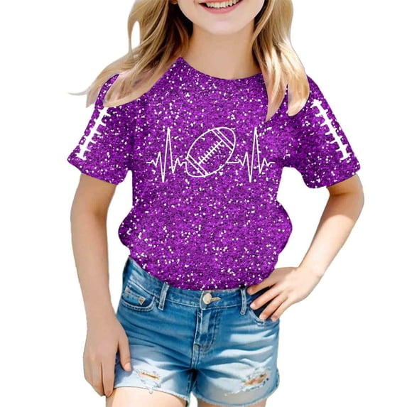 WOYY Girls Glitter Football Print T-Shirt Kids Short Sleeve Crew Neck T Shirt, Purple, Sizes 3-13