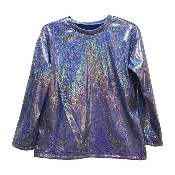 WOYY Girls Glitter Long Sleeve T-Shirt Loose Crew Neck T Shirt Dance Shirt, Sizes 18-19