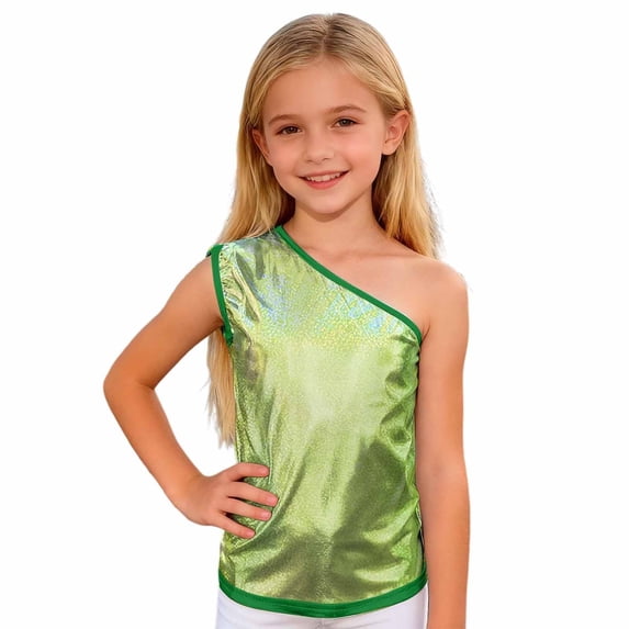 WOYY Girls Glitter One Shoulder Tank Top Stage Performance Party Sleeveless Shirt, Sizes 11-14