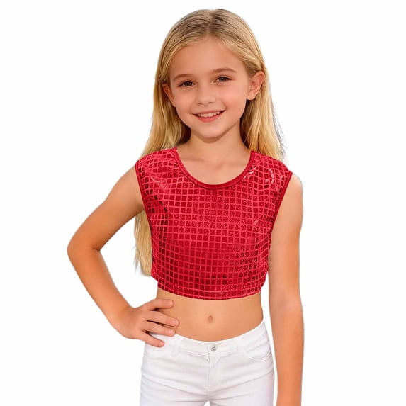WOYY Girls Glitter Party Performance Tank Top Stretch Comfort Fit Crop Tops, Sizes 2-5