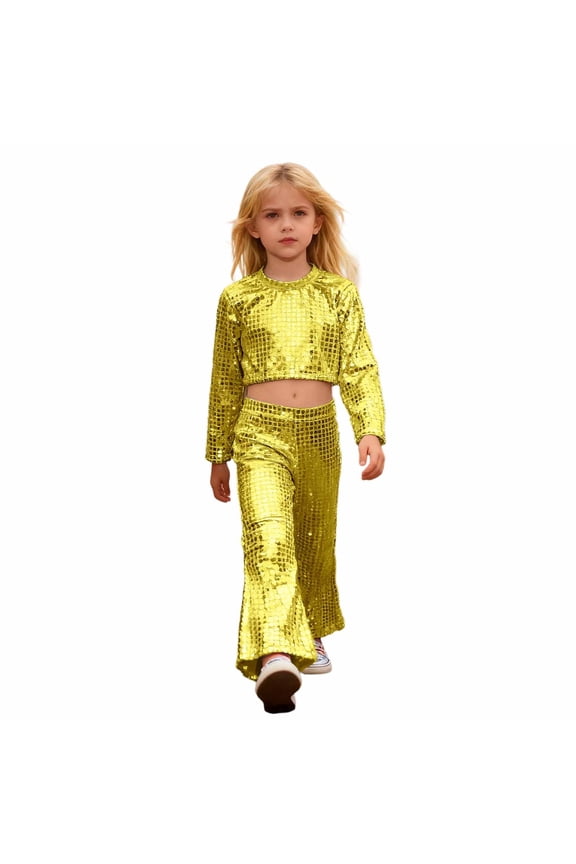 Girls Glitter Sequin Outfits Long Sleeve Crop Top Flared Pants Party Performance Set Kids 2Pcs Set, Sizes 2-3