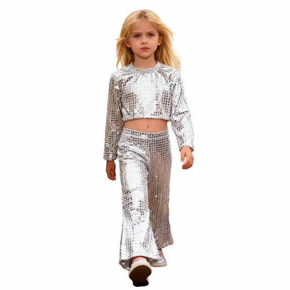 WOYY Girls Glitter Sequin Outfits Long Sleeve Crop Top Flared Pants Party Performance Set, Sizes 16-17