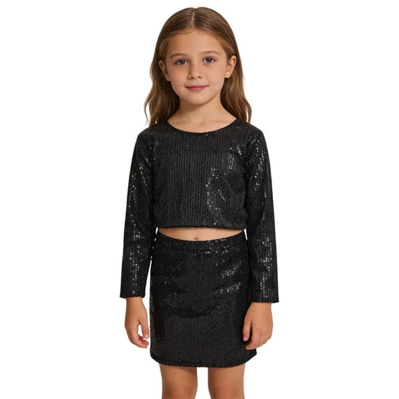 WOYY Girls Glitter T Shirt Long Sleeve Round Neck Crop Top Kids Top Dance Tee