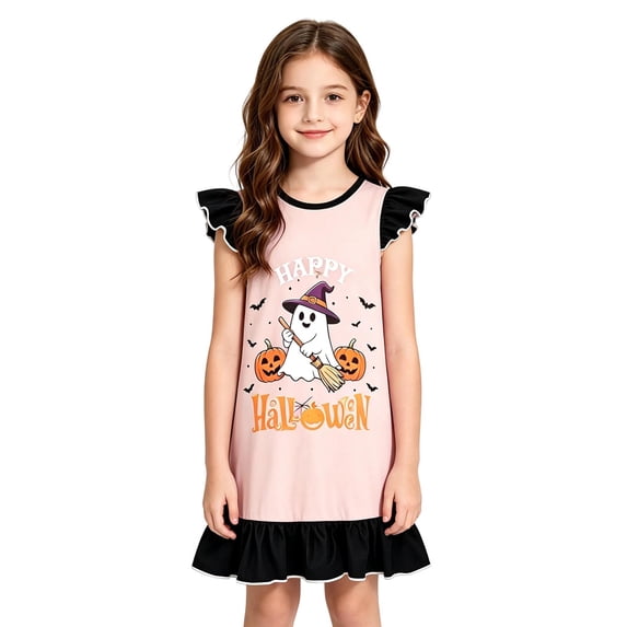 WOYY Girls Halloween Cute Nightgown Loose Cartoon Ruffle Nightdress Sleepwear, Sizes 3-10
