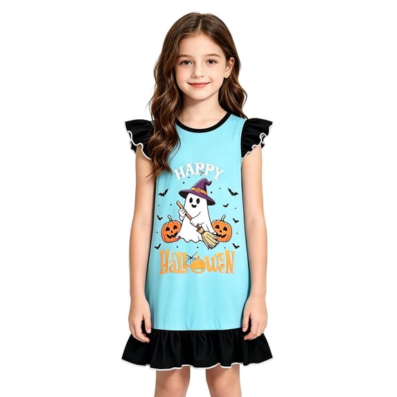 WOYY Girls Halloween Cute Nightgown Loose Cartoon Ruffle Nightdress Sleepwear, Sizes 3-10