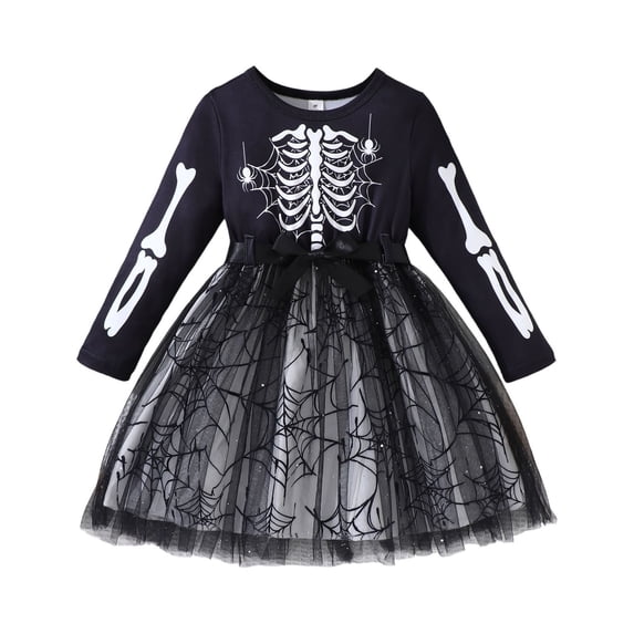 WOYY Girls Halloween Long Sleeve Dress Skeleton Print Party Mesh Dresses, Black, Sizes 3-7