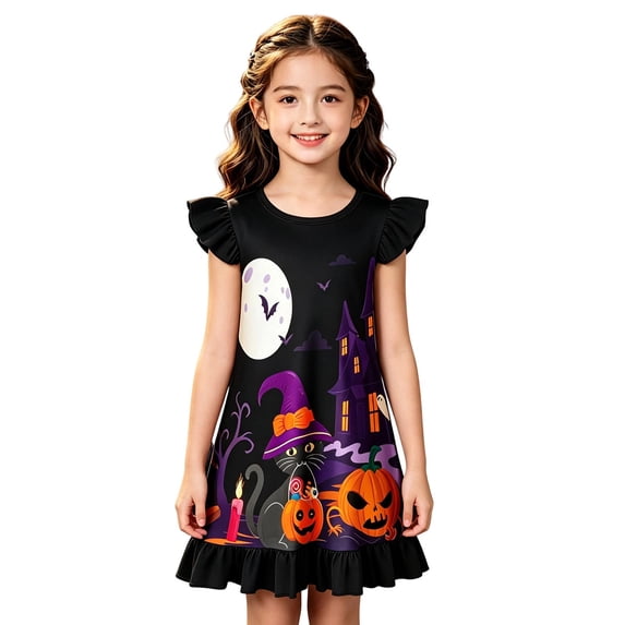 WOYY Girls Halloween Nightgown Graphic Soft Ruffle Sleeve Sleepshirt Nightwear, Sizes 3-10