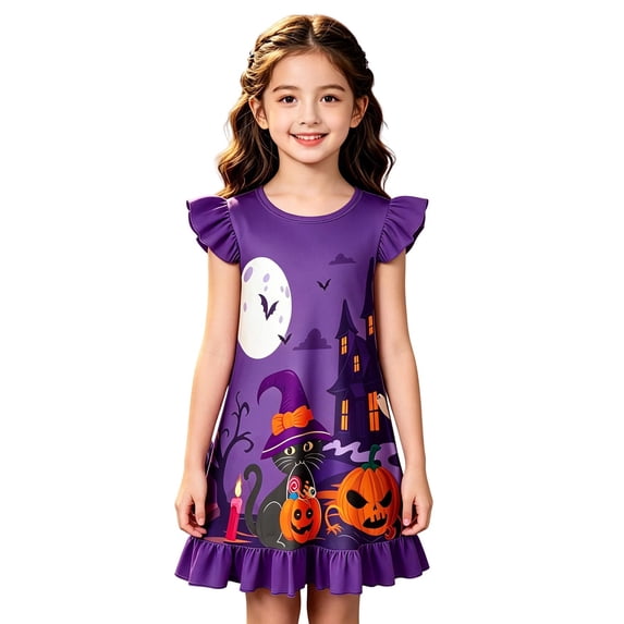 WOYY Girls Halloween Nightgown Graphic Soft Ruffle Sleeve Sleepshirt Nightwear, Sizes 3-10